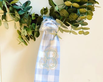 Blue Buffalo Check Wreath Sash with Vine Monogram - wedding sash, decor, mothers day, holiday, front door, ribbon, gift, wedding shower