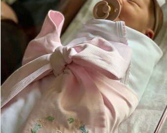 Bow Sash with Floral Wreath with 1, 2, or 3 Letter Monogram - baby, baby nursery, swaddle sash, hospital door, spring decor