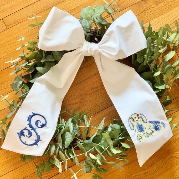 Staffordshire Bunny Monogramed Sash - Easter basket, bow, ribbon, spring, blue and white, chic