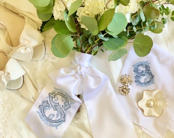 Bouquet Sash and Handkerchief with Vintage Vine Monogram - double faced satin, wedding, keepsake, detail, personalized, bridal, bride,