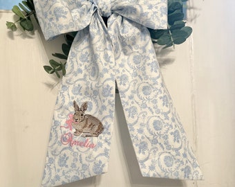 Blue Chinoiserie Easter Basket Sash with Vintage Chocolate Bunny - customizable name and bow colors, holiday, spring, Easter TREND ALERT!
