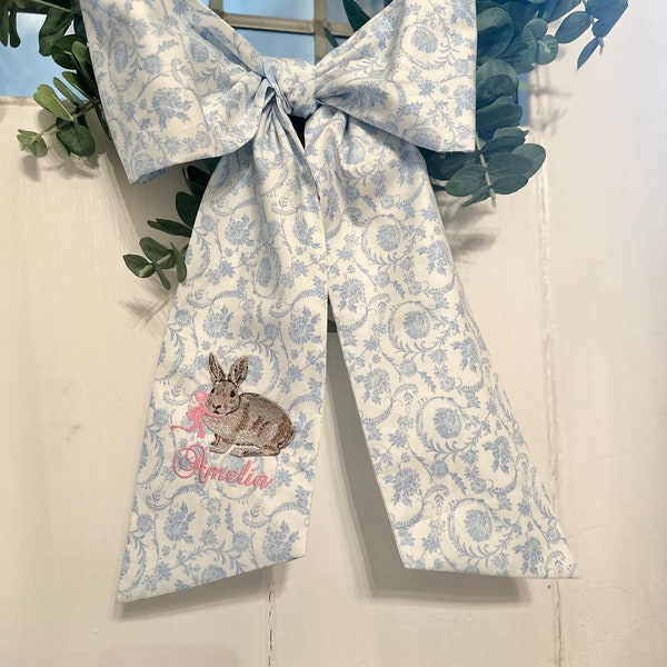 Blue Chinoiserie Easter Basket Sash with Vintage Chocolate Bunny - customizable name and bow colors, holiday, spring, Easter TREND ALERT!