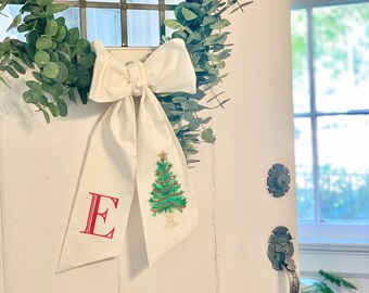 Evergreen with Garland and Modern Monogram double ended sash tie- Christmas, personalized, custom, front door, decor, holiday, decoration,
