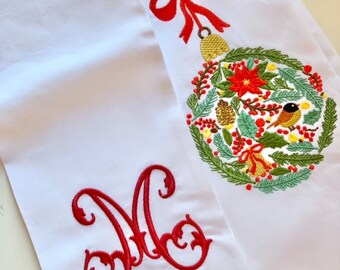 Christmas Ornament Monogramed Sash - wreath tie, door decor, holiday decorations,