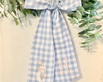 Easter Basket Sash with White Bunny on gingham  - customizable name and bow colors, holiday, spring, Easter TREND ALERT