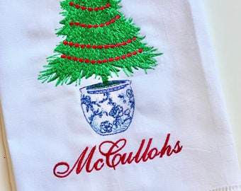 Chinoiserie Potted Tree Monogramed Towel - wedding gift, holiday, personalized, gift, housewares, unique, Christmas, perfect gift