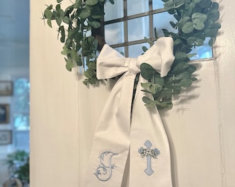 Floral Cross Monogrammed Sash - baptism, easter basket, wreath, christening, grand millennial, spring, memorial