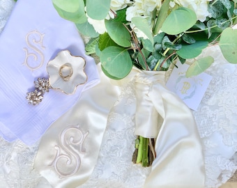 Bouquet Sash with Single Romanesque Monogram Long 72” length   - wedding, bridal, groom, florals, heirloom, bride,