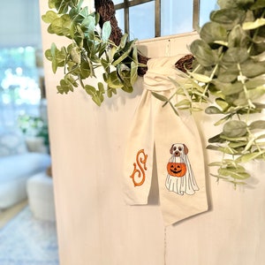 Ghost Dog Halloween Wreath/Bow Sash - decor, trending, fall, decoration, front door, trick or treating