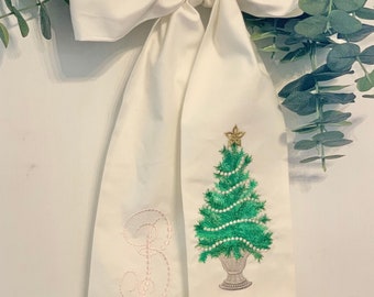 Evergreen with Garland and Pearl Monogram double ended sash tie- Christmas, personalized, custom, front door, decor, holiday, decoration,