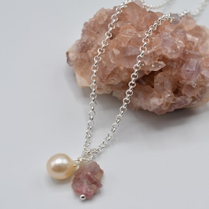 Pink Tourmaline October Birthstone Necklace with Freshwater Pearl Drop