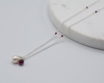 Garnet January Birthstone Necklace with Freshwater Pearl Drop