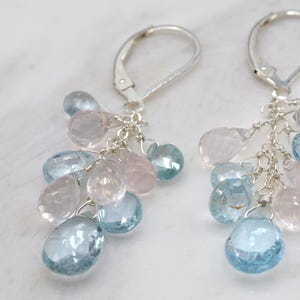 Orecchini briolette in topazio blu e quarzo rosa, regalo delicato, grazioso e conveniente