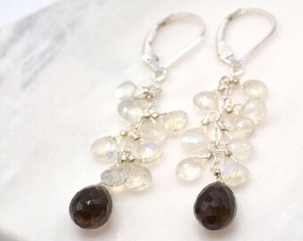 Smoky Quartz and Moonstone Sterling Silver Drop Earrings