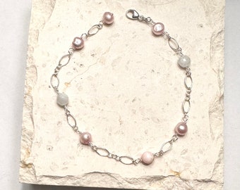 Pink Pearl, Pink Opal and Moonstone Bracelet Stocking Stuffers Adjustable Fits Kids and Adults