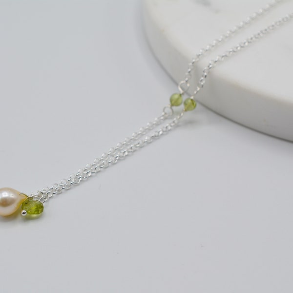 Peridot August Birthstone Necklace with Freshwater Pearl Drop