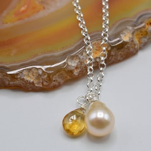 Citrine November Birthstone Necklace with Freshwater Pearl Drop, Birthstone Gifts