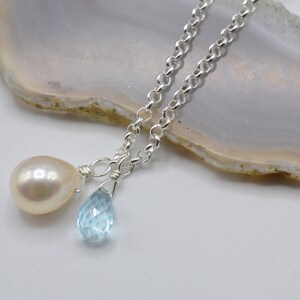 Blue Topaz November Birthstone Necklace with Freshwater Pearl Drop