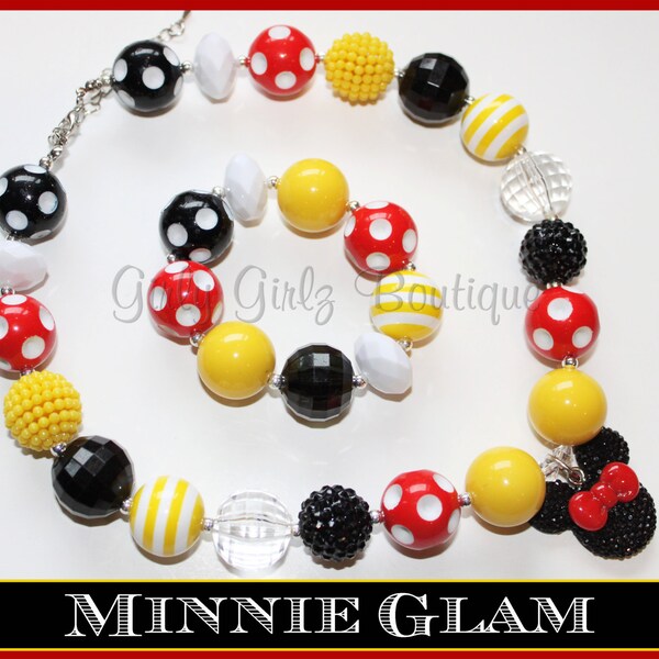 SALE SALE Minnie Glam Red black yellow  Girls  Chunky Bubblegum Necklace & Bracelet Set  photo prop  party jewlery