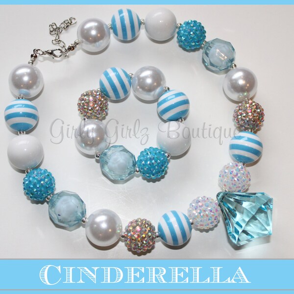 SALE SALE Cinderella Inspired Girls Chunky Bubblegum Necklace  & Bracelet Set blue white photo prop party jewlery