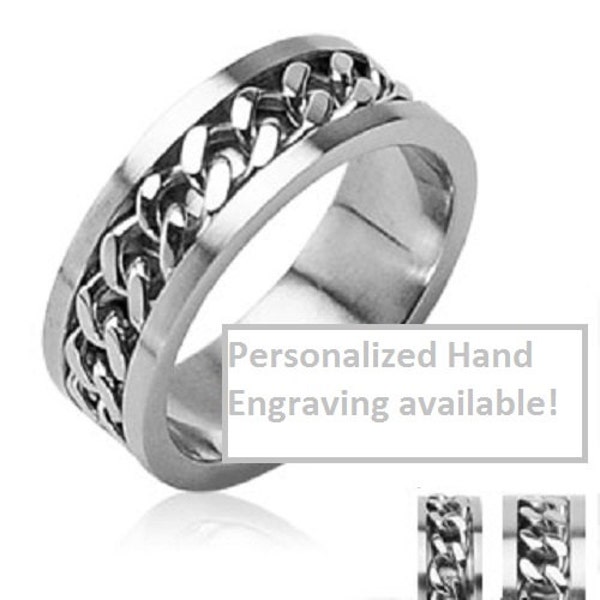 Hand Engraved Mens or Womens Steel Chain Ring, matching his / her wedding promise couple set. Sizes 5 6 7 8 9 10 11 12 13 14