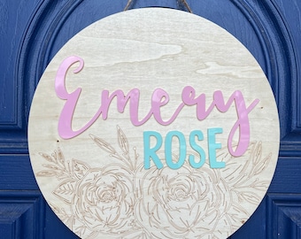 Floral Nursery Sign: Acrylic Letter Baby Name Announcement (14x14)