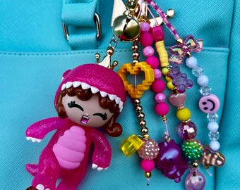 Dino Princess Bag Charm: Handmade Beaded Keychain Accessory