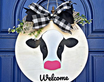 Farmhouse Sign Cow Head Welcome Front Door hanger House Farm Wooden Sign