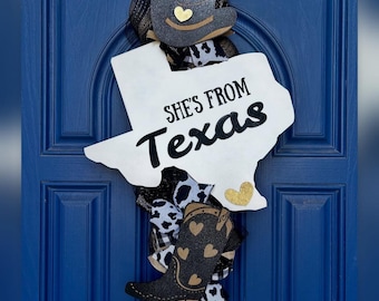 Texas Door Hanger | She’s From Texas Door Decor | Black & Gold Western Wreath | Cow Print Front Door Hanger | Rustic Farmhouse Porch Decor |