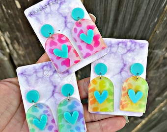 Lisa Frank Inspired Leopard Rainbow Heart Valentines Day Earrings