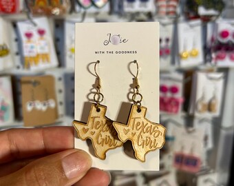 Texas Girl Wooden Earrings | Texas State Dangle Earrings | Western Cowgirl Jewelry | Lightweight Handmade Earrings | Texas Lover Gift