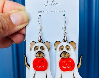 Dog Ghost Halloween Earrings: Spooky Dangle Drop, Wood & Acrylic