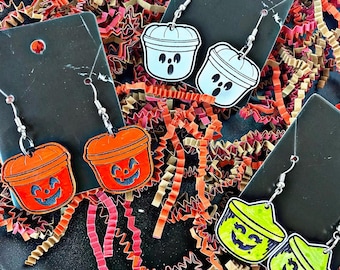 Halloween Earrings Spooky Buckets Pails Retro Vintage Witch Pumpkin Witch