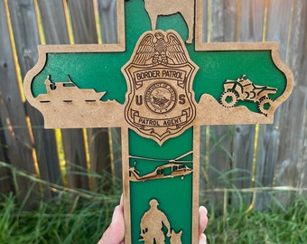 US Border Patrol Wooden Cross: Honor First LEO Gift