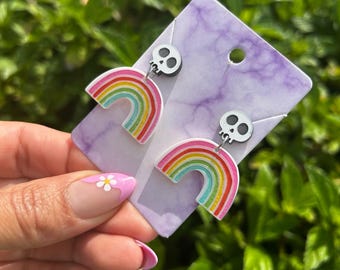 Skull Rainbow Dangle Drop Earrings Halloween