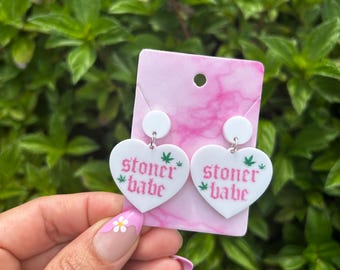 Stoner Babe Heart Drop Earrings Dangles 4:20 Chill Vibes