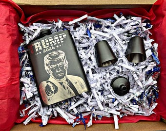 Trump 2024 Flask Gift Set: Stainless Steel Whiskey Flask, Funnel & Shot Glasses