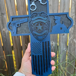 Law Enforcement Sheriff Back the Blue Police Officer Thin Blue Line Hero Dad LEO Wooden Crosses Grandpa State Trooper Corrections Officer