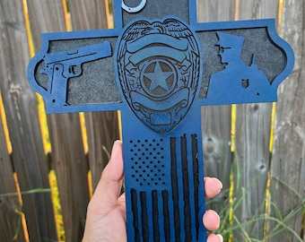 Thin Blue Line Wooden Cross: Law Enforcement Hero Gift