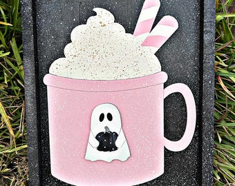 Hand Painted Pink Halloween Ghost Mug Sign, Spooky Decor
