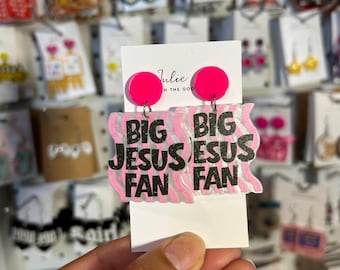 Big Jesus Fan Earrings | Christian Statement Earrings | Pink Zebra Stripe Earrings | Faith-Based Jewelry | Church Earrings | Christian Gift