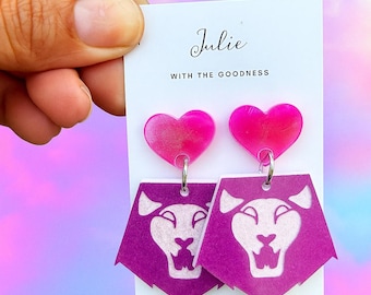 Hot Pink Heart & Purple Lion Earrings: K-POP Anime Jewelry