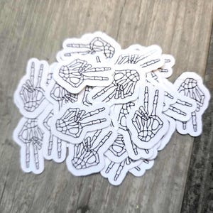 Tiny Skeleton Peace Sign Stickers - FUN 1” Gothic Hand Sign Decal