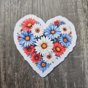 Floral Heart Sticker: Red, White & Blue Patriotic Decal, Water Resistant, Glossy Finish