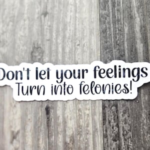 Op de afbeelding: Een witte sticker met zwarte tekst met de tekst "Don't let your feelings Turn into felonies!". De sticker heeft een afgeronde rand en is geplaatst tegen een grijs-bruine houtnerf achtergrond.