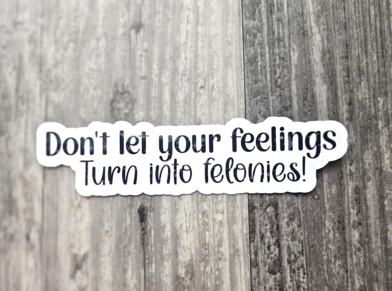 Op de afbeelding: Een witte sticker met zwarte tekst met de tekst "Don't let your feelings Turn into felonies!". De sticker heeft een afgeronde rand en is geplaatst tegen een grijs-bruine houtnerf achtergrond.
