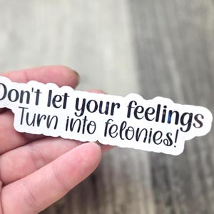 Op de afbeelding: Een witte sticker met zwarte tekst met de tekst "Don't let your feelings Turn into felonies!". De sticker wordt in een hand gehouden tegen een lichtgrijze houten achtergrond.