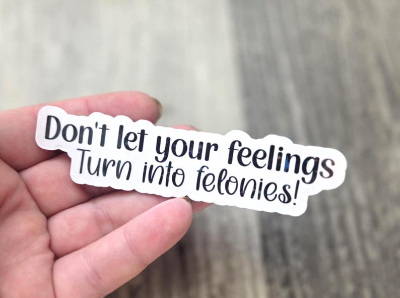 Op de afbeelding: Een witte sticker met zwarte tekst met de tekst "Don't let your feelings Turn into felonies!". De sticker wordt in een hand gehouden tegen een lichtgrijze houten achtergrond.