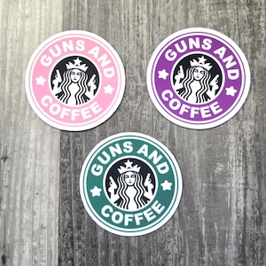 Guns and Coffee Sticker – Funny Parody Sticker | 3 Color Options | Sold as Set or Individual | Water-Resistant Vinyl Decal | Pro 2A Humor
