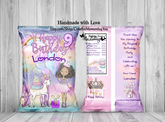 Magical Unicorn Princess Girl, Unicorn Chip Bag, Unicorn Princess Girl Favor Bags, Custom Chip Bags, Custom Favor Bags, Party Bag -Unfilled Il_570xn